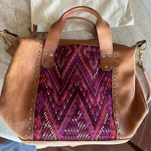 Handcrafted Leather and Textile Tote Bag. Made by Etnico Culture in Guatemala